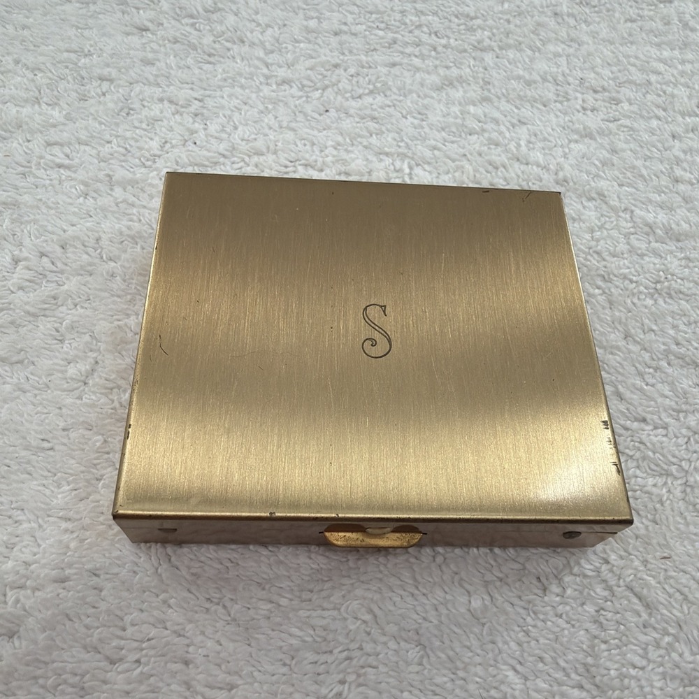 Vintage Compact Mirror Powder Case Gold-Tone Rectangle Art Deco "S" Engraved